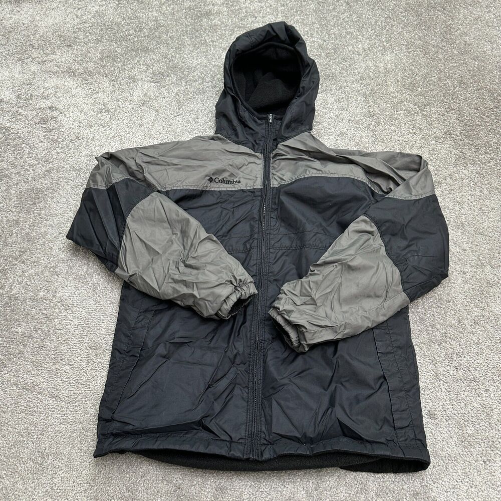 Columbia Reversible Fleece Jacket Boys Youth 14/16 Black Gray Hoodie Windbreaker